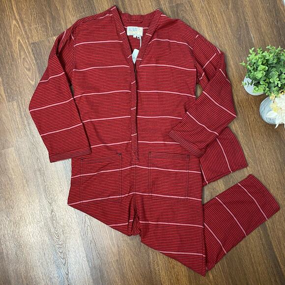 Free People Sandrine Rose Red Striped Long Sleeve Kimono Jumpsuit Large NEW - Picture 1 of 8